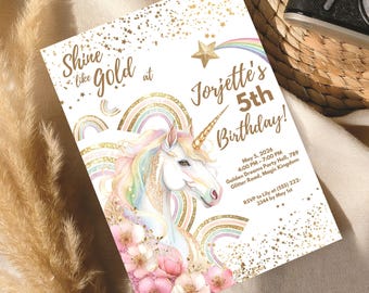 Unicorn Party Invitation for Kids, Cute Pastel Rainbow Editable Card, Digital Download Birthday Template, Unicorn Cute, Instant Printable