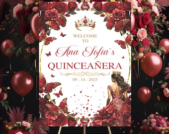Quinceaños Bienvenidos Willkommensschild, Burgunderrot und Gold, bearbeitbares Mis Quince Años Poster, 15