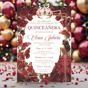 Mis Quince Anos Party Invitation, Editable Burgundy Gold Quinceañera, Butterfly Floral Tiara, Sweet 16, 15th Birthday Girl, Digital Download