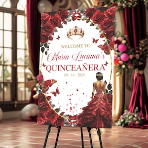 Editable Quinceañera Welcome Sign, Burgundy Red Gold Floral Poster, Mis Quince Anos, 15th Birthday, Quinceañera Bienvenidos Welcome Sign