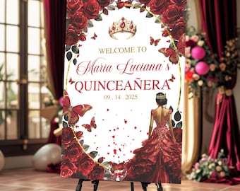 Bearbeitbares Quinceamaßa Willkommensschild, Burgunderrotes Goldblumenplakat, Mis Quince Anos, 15