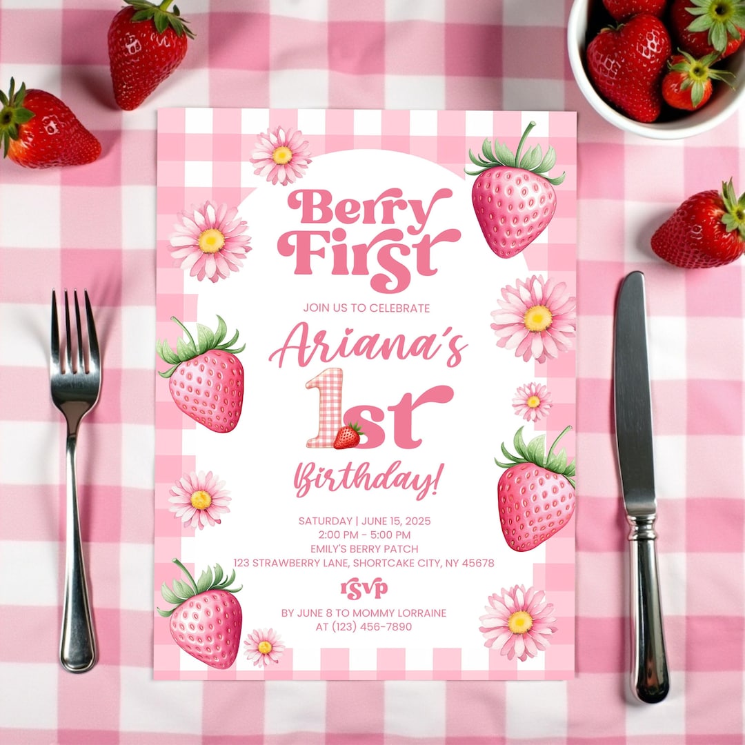 Strawberry 1st Birthday Invitation, Editable Berry Sweet First Birthday ...