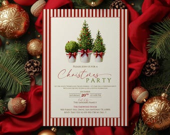 May include: A Christmas party invitation with a red and white striped border. The invitation features three potted Christmas trees with red bows. The text reads "Christmas Party" and includes event details.