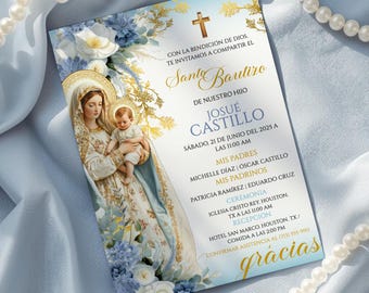 Editable Virgen Mary Baptism Invitation for Boy, Azul Niño Bautizo Template, Digital Baptism Spanish Invite, Mi Bautizo Tarjeta en Español