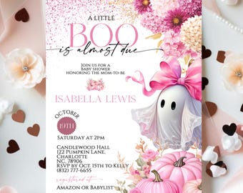 Spooky Cute Halloween Baby Shower Invitation, Editable Little Boo Is Almost Due Invite, Pink Ghost Canva Template Girl Shower Digital Invite