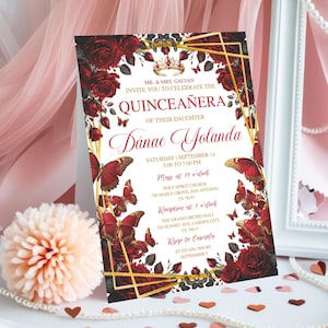 May include: A quinceañera invitation card with a floral and butterfly design. The card features the text "QUINCEAÑERA" and the name "Danae Yolanda". The design includes red roses, butterflies, and gold geometric accents.