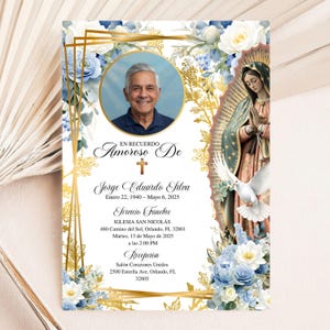 May include: A memorial card featuring a portrait of a man, framed by floral and gold geometric patterns. The card contains Spanish text, including the name Jorge Eduardo Silva, dates, and service information. A religious illustration is on the right.