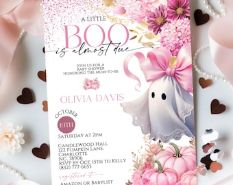Cute Pink Ghost Halloween Baby Shower Invitation, A Little Boo Is Almost Due Editable Canva Template, Girl Baby Shower, Digital Download
