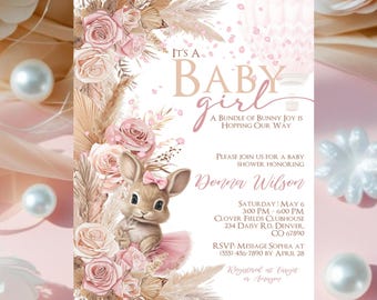 Editable Girl Rabbit Baby Shower Invitation, Baby Shower Invitation, Floral Baby Shower Invitation Template, Baby Girl Floral Shower Invites