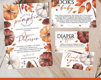 Editable Fall Little Pumpkin Baby Shower Invitation Bundle Autumn Wildflower Pumpkin Baby Shower Invite Set Pumpkin Baby Shower Invite Canva