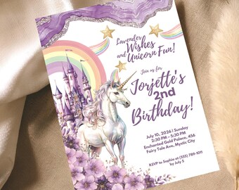 Purple Unicorn Birthday Invitation, Editable Digital Party Invite for Girls, Magical Theme, Cucumber Printable Template, Instant Download