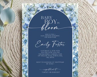 Baby in Bloom Boy Shower Invitation, Blue Flowers Baby Shower Invite, Boho Baby Evite Editable Template Blue Floral Invite Blue Bloom Shower