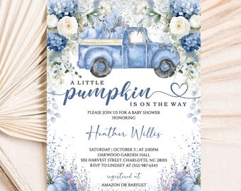 Pumpkin Baby Shower Invitation, Blue Truck Little Pumpkin Fall Baby Shower Invite, Editable Autumn Baby Boy Shower Template Instant Download