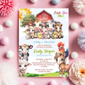 Editable Farm Baby Shower Invitation Canva Template, Red Barnyard Animals Girl Shower Invite, Ranch Baby Shower Theme, Instant Download,