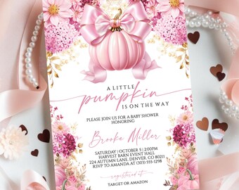 A Little Pumpkin Baby Shower Invitation Girl, Editable Pink Bow Autumn Baby Shower Invite Template, Pumpkin On The Way Girl, Canva Download