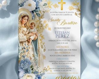 Virgen Mary Niño Azul Bautizo inbjudningsmall, redigerbar digital spansk inbjudan, katolsk Mi Bautizo Invitación, blå doppojke