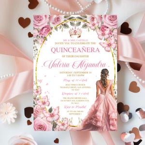 Pink Rose Gold Tiara Quinceañera Invitation Editable Mis Quince Anos, 15th Birthday Party Invite Template Invitaciones De Quinceañera Gratis