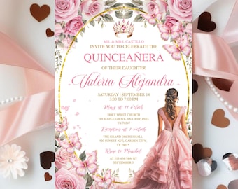 Convite Rosa Rosa Dourado Tiara Quinceañera Editável Mis Quince Anos, Modelo de Convite de Festa de 15º Aniversário Invitaciones De Quinceañera Gratis