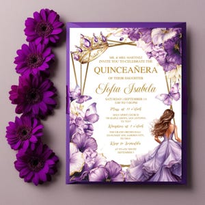 Purple Lilac Gold Butterfly Princess Quinceañera Invitation, Mis Quince Años Template, Editable Purple Floral Invite, Instant Download Canva