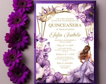 May include: Purple and gold Quinceañera invitation with a floral design, butterflies, and a crown. The invitation includes the text "MR. & MRS. MARTINEZ INVITE YOU TO CELEBRATE THE QUINCEAÑERA OF THEIR DAUGHTER Sofia Isabela" and details for the event.