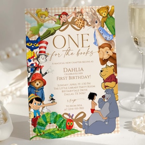 May include: A rectangular invitation card with a beige checkered background featuring various storybook characters including Peter Pan, Tinker Bell, The Cat in the Hat, Winnie the Pooh, and Mowgli. The text reads: ONE for the books, DAHLIA CELEBRATES HER FIRST BIRTHDAY, and event details.