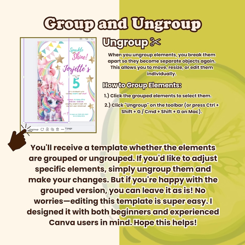 Peut inclure: Un guide de mod&egrave;le num&eacute;rique intitul&eacute; "Grouper et D&eacute;grouper" avec des instructions sur l'&eacute;dition d'&eacute;l&eacute;ments. Le guide pr&eacute;sente une invitation color&eacute;e avec une licorne et le texte "Sparkle Shine! Jorjette's 5". Le guide est sur fond vert citron.