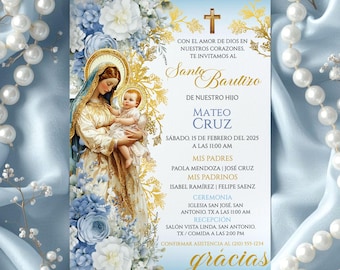 Niño Azul Virgen Mary Baptism Invitation Editable Template, Catholic Digital Spanish Mi Bautizo Invitación Boy Christening Printable Baptism