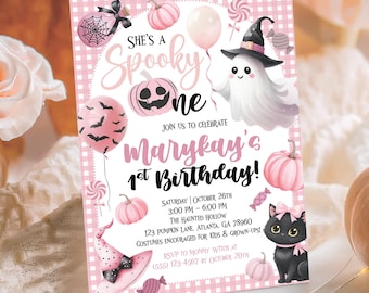 Halloween First Birthday Invitation Girl Editable, Halloween Pink Ghost Boo Day Party Invite, Spooky One Birthday Instant Download Template