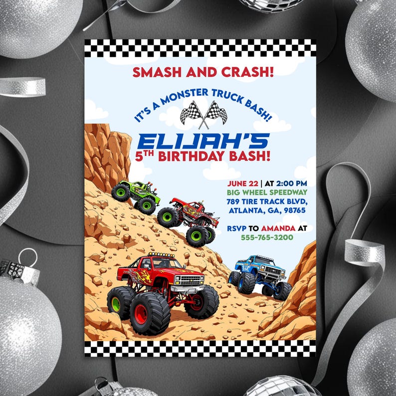 May include: A vibrant invitation for a monster truck-themed birthday party. The design features illustrations of monster trucks, the text "SMASH AND CRASH!" and "ELIJAH'S 5TH BIRTHDAY BASH!" The invitation includes event details.