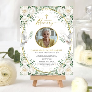Trauerfeier-Ankündigung Grün druckbare Trauerkarte, Greenery Gold Trauerkarte, bearbeitbare Ankündigung für männliche oder weibliche Canva