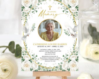 Funeral Service Announcement Green Printable Memorial Card, Greenery Gold Funeral Invitation, Editable Announcement for Male or Female Canva