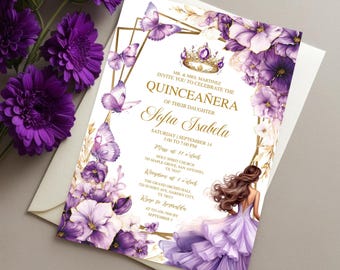 May include: Purple and gold quinceañera invitation with a floral design and a crown. The invitation includes the text "MR. & MRS. MARTINEZ INVITE YOU TO CELEBRATE THE QUINCEAÑERA OF THEIR DAUGHTER Sofia Isabela SATURDAY SEPTEMBER 14 3:00 TO 7:00 PM Mass at 11 o'clock HOLY SPIRIT CHURCH 200 MAPLE GROVE, SAN ANTONIO, TX 78247 Reception at 1 o'clock THE GRAND ORCHID HALL 530 SUNSET AVE, GARDEN CITY, TX 78013 RSVP to [phone number] by SEPTEMBER 5"