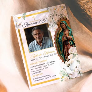 May include: A memorial card with a photo of a man, Roberto Herrera, and the dates May 12, 1930 - March 28, 2025. The card features floral and dove illustrations, with text in Spanish detailing funeral service information.