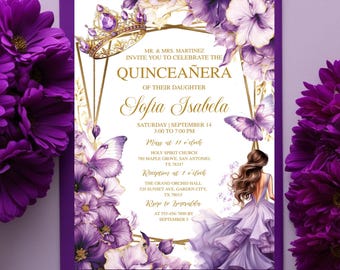May include: Purple and gold Quinceañera invitation with a floral design and a crown. The invitation includes the name Sofia Isabela, the date and time of the event, and the location of the church and reception hall.
