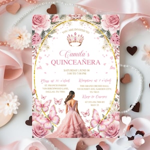 Pink & Rose Gold Quinceañera Invitation, Butterfly Party, Mis Quince Anos, Sweet 16 Birthday Girl Tiara, Invitaciones De Quinceañera Gratis