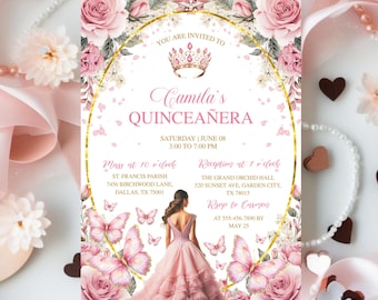 Pink & Rose Gold Quinceañera Invitation, Butterfly Party, Mis Quince Anos, Sweet 16 Birthday Girl Tiara, Invitaciones De Quinceañera Gratis