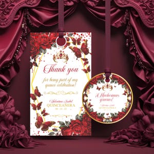 Red Rose Quinceañera Thank You Gift Tag Quinceañera Favor Tag Burgundy & Gold Round Label, Mis Quince Anos Tag, Gracias Tags Quince Gift Tag