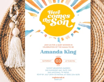 May include: A baby shower invitation with a watercolor sun design and the text "Here comes the Son." The invitation includes the name "Amanda King," date, time, and location details. The invitation is on a white background.