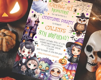 May include: A Halloween party invitation with the text "Calling All Monsters!" and "Costume Party" to celebrate Caleb's 8th birthday. The invitation features illustrations of a ghost, owl, witch, and other Halloween characters. The invitation is surrounded by pumpkins and a skull.