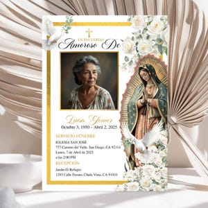 May include: A memorial card with a portrait of a woman, framed by gold and white floral accents. The card includes the text "En Recuerdo Amoroso De" and details of a funeral service, including the name "Luisa Gomer" and dates.