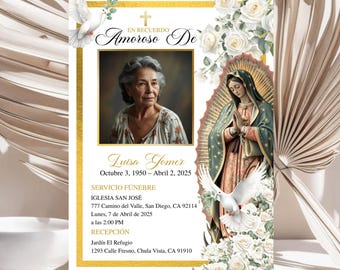 Plantilla Funeral Española, Invitación Celebración de Vida, Catholic Funeral Invite, Tarjeta Fúnebre Virgen María Floral, Editable Descarga