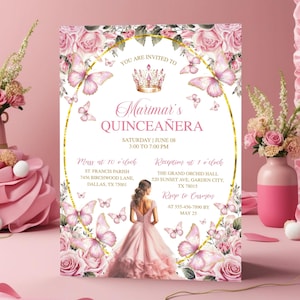 Elegant Rose Gold Quinceañera Invite, Blush Pink Floral 15th Birthday Template, Mis Quince Anos, Invitaciones De Quinceañera Gratis Rosa