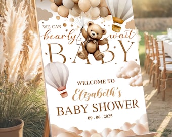 Editable We Can Bearly Wait Baby Shower Welcome Sign, Brown Bear Balloon Poster, Teddy Bear Party Decor Neutral Baby Shower Sign Template