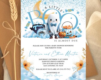 Little Boo is Almost Due Baby Shower Invitation, Baby Shower Invitation Boy Halloween, Halloween Baby Shower Blue Invite, Instant Download