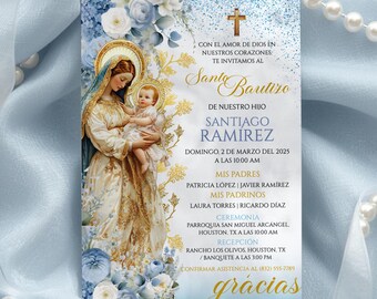 Virgen Mary Niño Azul Bautizo Invitation Editable Canva Template, Digital Catholic Spanish Invite, Mi Bautizo Tarjeta, Blue Boy Christening