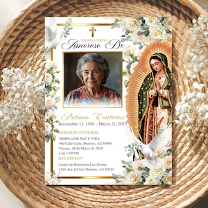 Invitación Funeral En Memoria, Español Editable, Spanish Funeral Invitation, Tarjeta Fúnebre Virgen María, Anuncio Conmemorativo Instantáneo