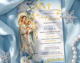 Jungfru Maria dopinbjudan, redigerbar Azul Niño Bautizo-mall, katolsk digital inbjudan, spanska Mi Bautizo Tarjeta en Español