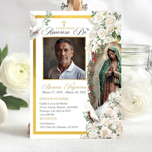 May include: A memorial card with a portrait of a man, framed in gold. The card features text in Spanish, including the name "Ramón Figueroa" and dates. Floral and dove illustrations adorn the card, with an image of the Virgin Mary.