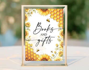 Letrero imprimible con diseño de abejas para baby shower, decoración de abejas para baby shower, letrero de mesa con tarjetas y regalos de abejorro, género neutro CPC002