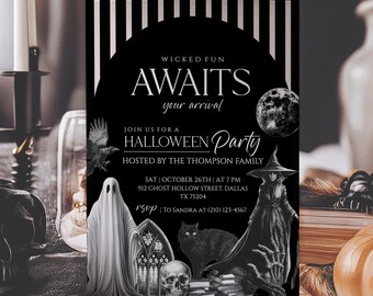 Editable Printable Halloween Party Invitation, Vintage Ghost Digital Card, Wicked Fun Awaits Your Arrival, Halloween Birthday Adults Invite